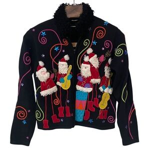 Vtg Christine Rotelli Christmas Santa Holiday Musical Zip Cardigan Sweater S/M